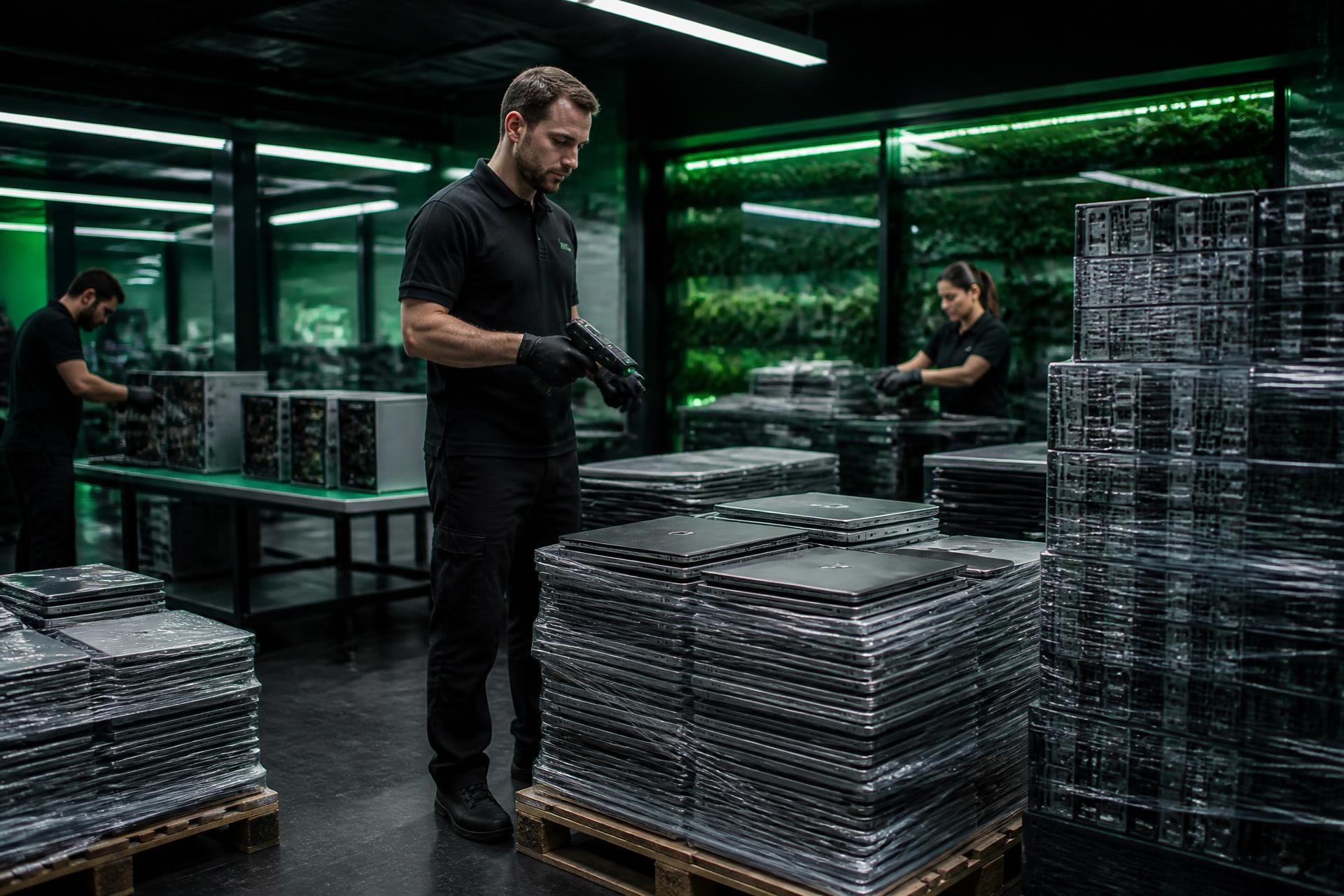 Technicians scanning and palletizing laptops inside the Arizona Electronic Recycle processing facility