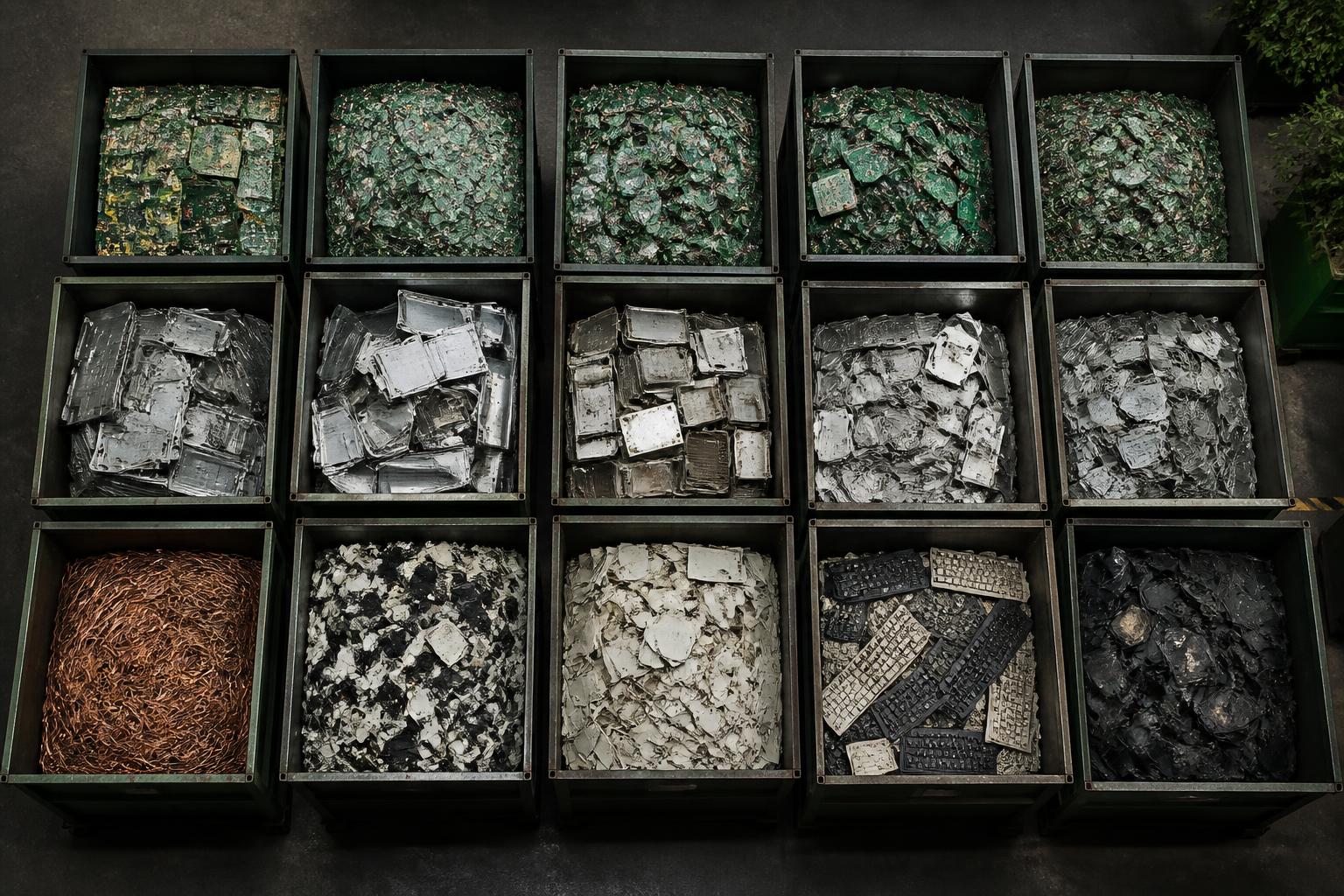 Sorted recovery streams of circuit boards, aluminum, copper and plastics in labeled bins